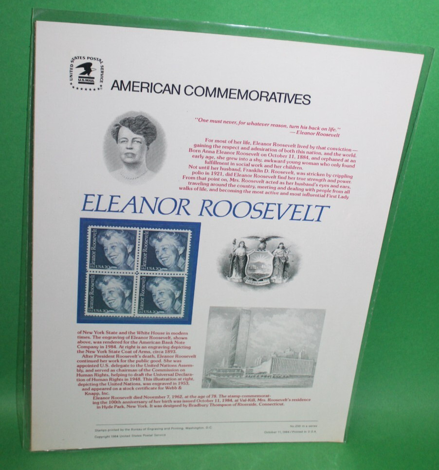 American Commemoratives Eleanor Roosevelt USPS Stamps Panel 233 October 11, 1984