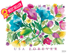 United States Postal 20 Stamps, red, yellow, purple, pink, green, blue