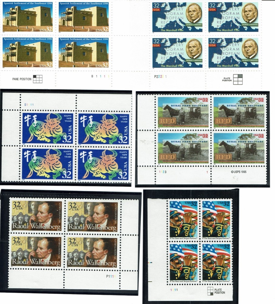 10 DIFFERENT .32 PLATE BLOCKS @ FACE VALUE – MNH