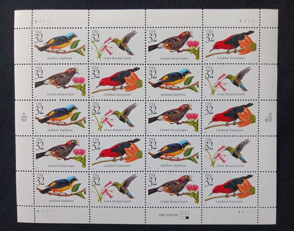 SCOTT #3222 – 3225 PANE OF 20 TROPICAL BIRDS 32 CENTS