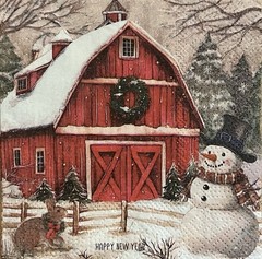 Two Paper BEVERAGE Decoupage Art Craft Napkins Christmas Snowman /Barn/tree 5×5