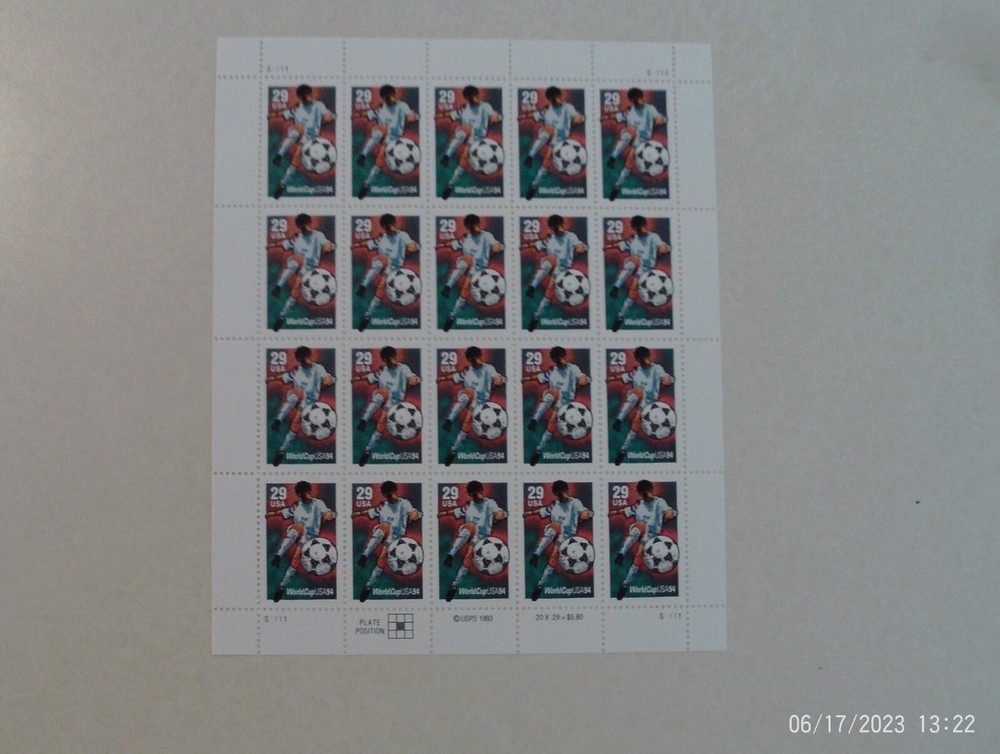 US SCOTT 2834 WORLD CUP SOCCER PANE OF 20 STAMPS 29 CENT FACE MNH