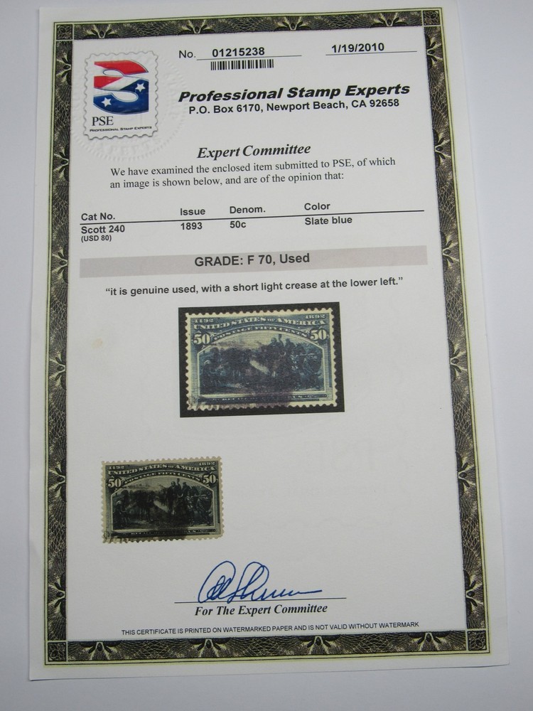 PSE Certified Stamp! 1893 U.S. POSTAGE 50¢ GRADE: F70, USED Stamp STP-22-IB