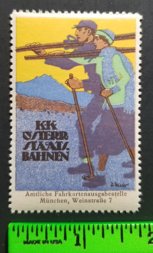 Vintage State Railways Ticket Office Skiing Munich Germany Poster Stamp