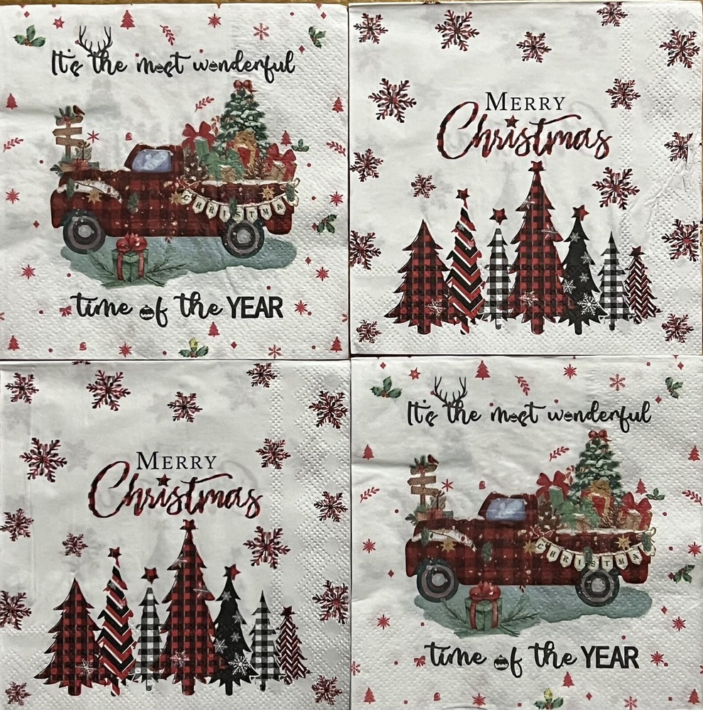 FOUR Beverage Paper Christmas Tree Decoupage napkins Red Trucks /trees