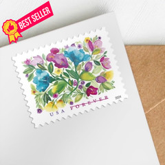 United States Postal 20 Stamps, red, yellow, purple, pink, green, blue