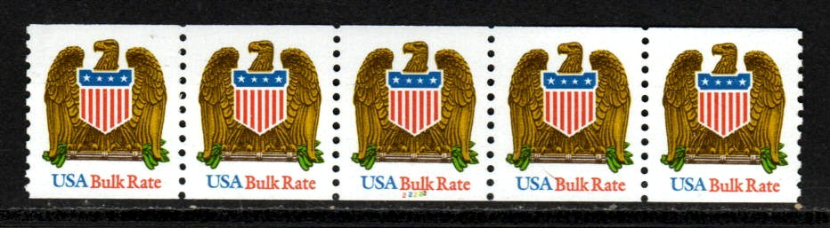 US Stamps 10¢ Bulk Rate Eagle/Shield Plate #22222 Coil Strip of 5 stamps SC#2603