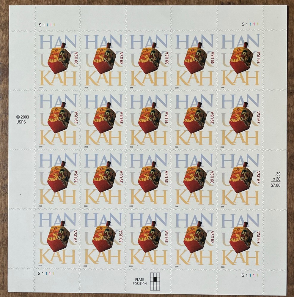 US SCOTT 4118 SHEET OF 20 HANUKKAH STAMPS 39 CENT FACE MNH