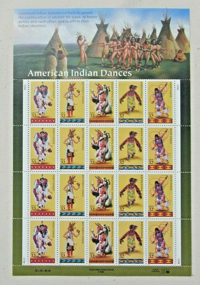 Sheet of 20 AMERICAN INDIAN DANCES 32¢ US PS Postage Stamps Sc # 3072-3076