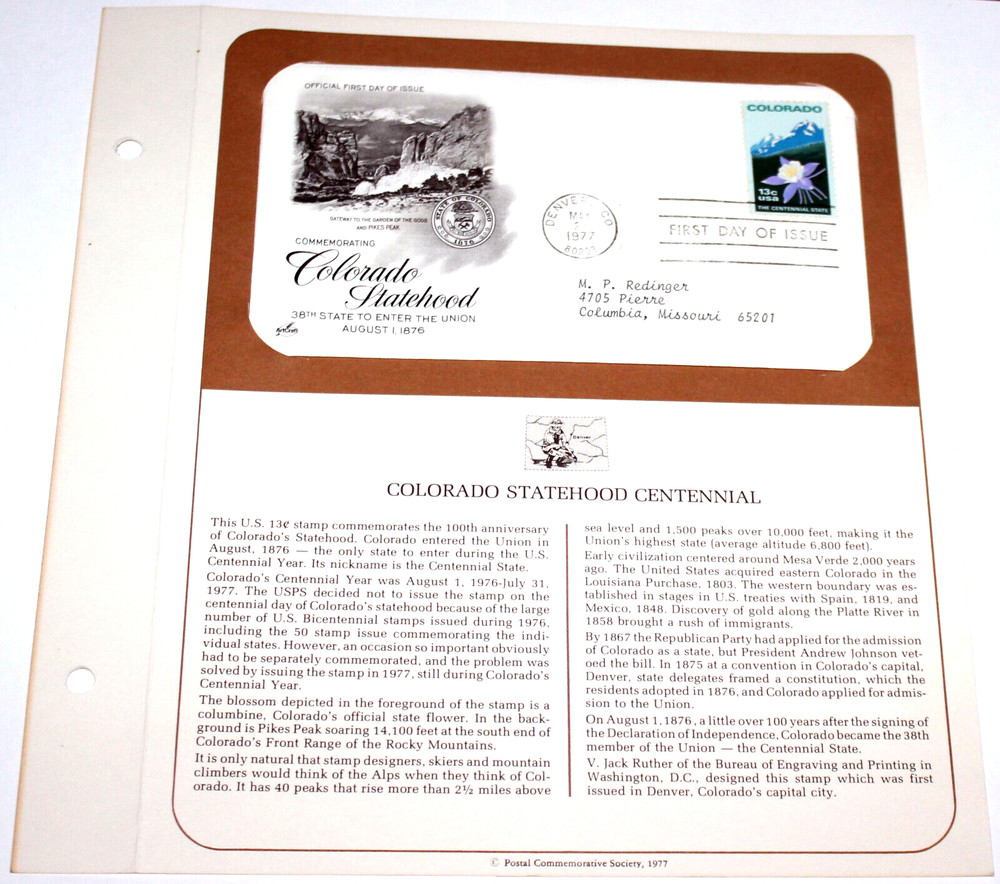 First Day of Issue Souvenir Page Colorado Statehood Centennial 1977 Stamp