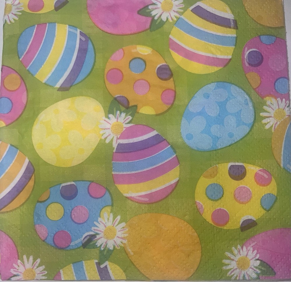 TWO Paper Beverage Decoupage Craft Napkins Easter Eggs Bright Colored 5”x5