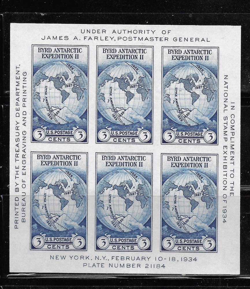 U S Postage Stamps – Scott 735 – 3c Byrd – 6 Stamp Souvenir Sheet – VF with MNG