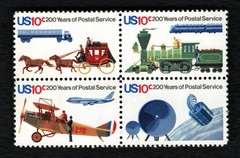 Stamp USA – 200 Years of Postal Service – 10 cent Block of 4 (SC# 1572-1575) MNH