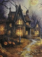 TWO Individual Lunch Napkins Decoupage Halloween Haunted Houses/pumpkins/ghost/