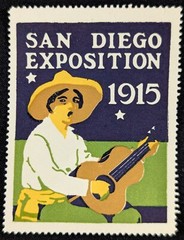 Vintage 1915 San Diego California Expo Exposition Man Guitar Poster Stamp