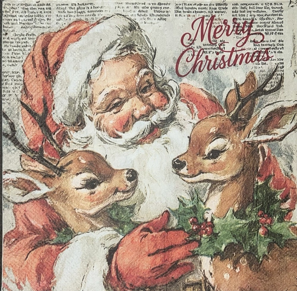 TWO Paper LUNCHEON Decoupage Napkins Reindeer Christmas SANTA Vintage Retro 6.5