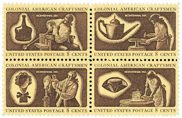 COLONIAL AMERICAN CRAFTSMEN-Block of 4 Collectible Unused 1972 Stamps–FREE SHIP