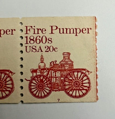 SCOTT #1908 FIRE PUMPER 1860s 20¢ – PL#7 – STRIP OF FOUR STAMPS – COLOR ERROR