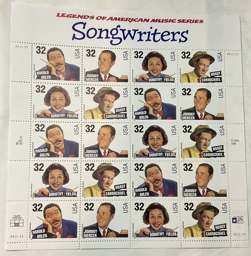 US Postage stamps Legends Of American Music 32c 4 Songwriters 20 stamps MNH