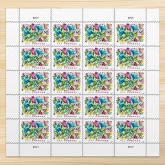 United States Postal 20 Stamps, red, yellow, purple, pink, green, blue