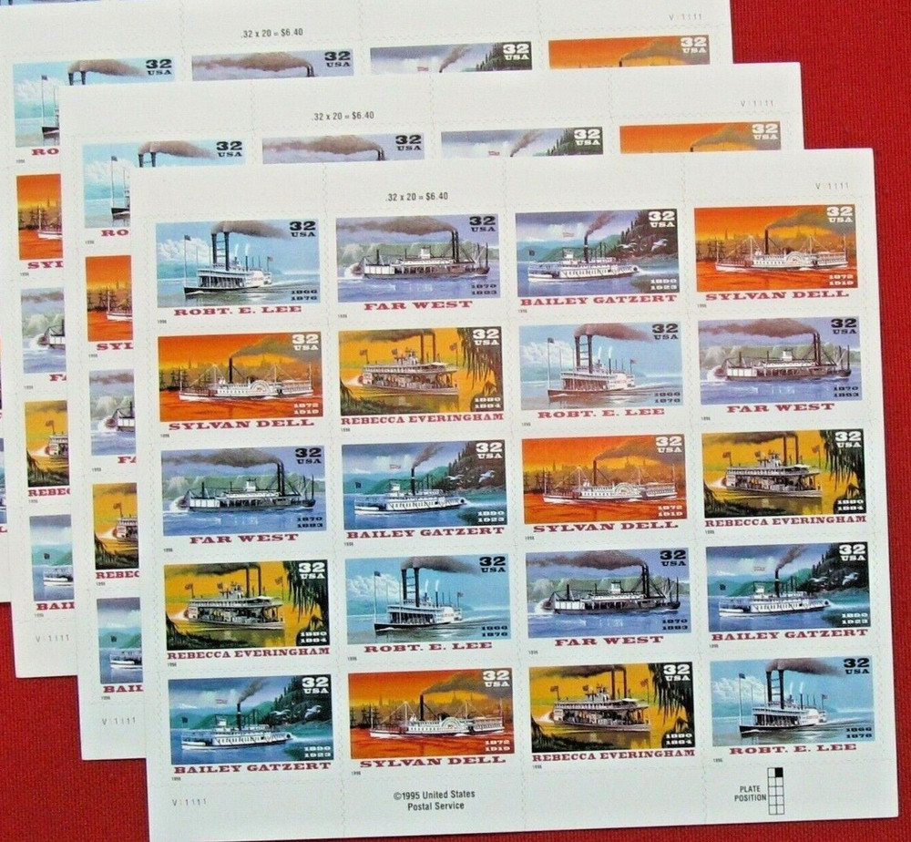 Three Sheets x 20 = 60 of RIVERBOATS / STEAM BOATS 32¢ US Stamps USA # 3091-3095