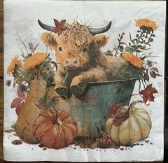 Three Paper Lunch Napkins Decoupage Fall Highland Cow Pumpkins – 6.5×6.5”