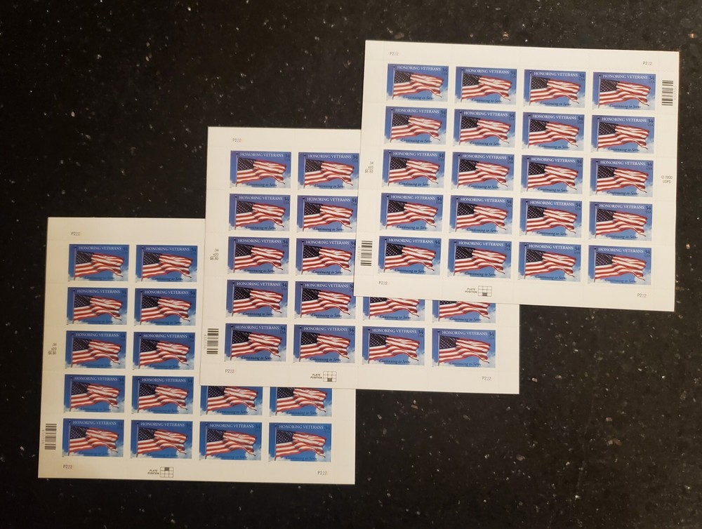 Lot of 3 Honoring U.S. Veterans Flag .34 Cent Postage Stamp #3508 MNH Full Sheet