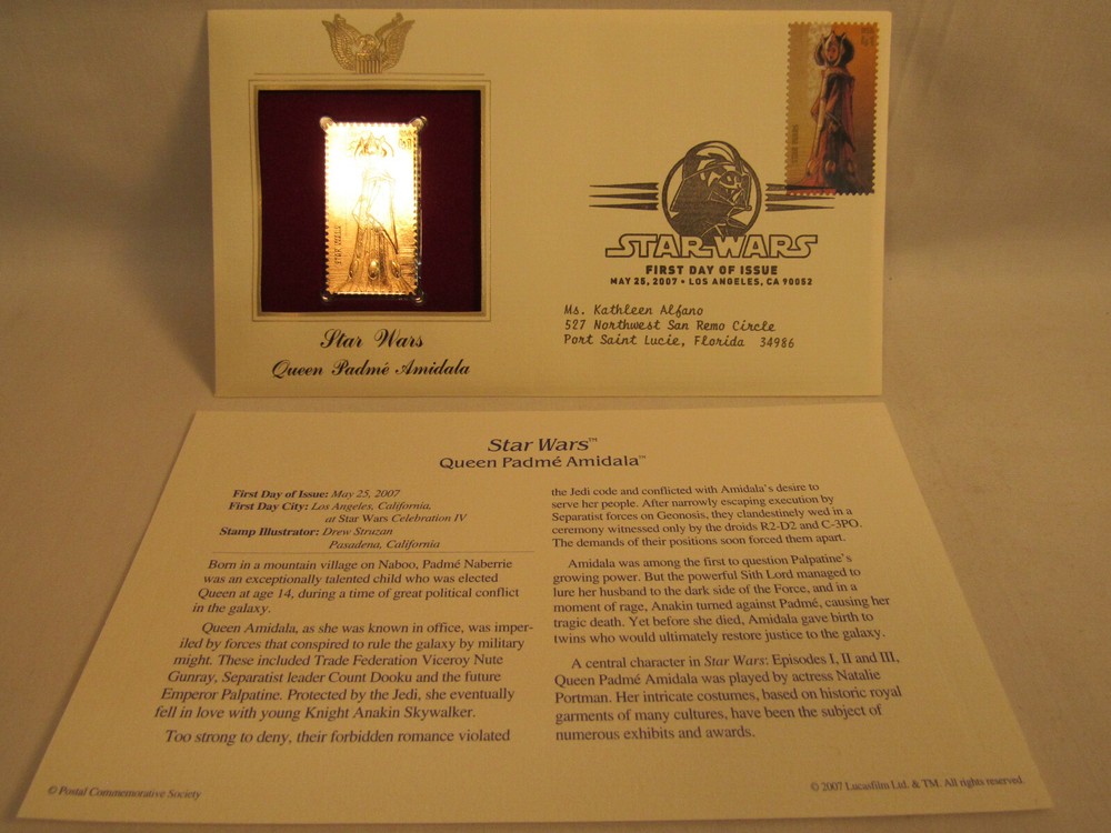 Queen Padme Amidala Star Wars Disney 22KT Gold Stamp 1st Day USPS