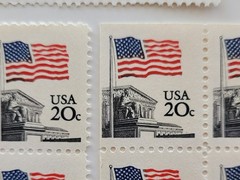US Flag & Clouds Stamps Sc #2421 25c Block of 4, Sc #1894 20c Block of 4*2 MNH