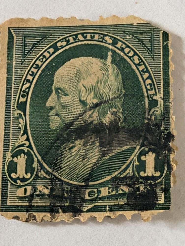Old Christmas Postcard With Used Rare Benjamin Franklin 1 Cent Stamp