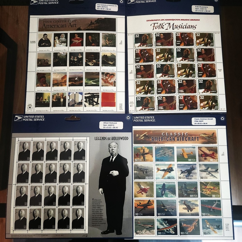 Stamps American Art,Folk musicians,Classic American Aircraft,Alfred Hitchcock