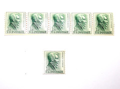 Andrew Jackson 1 cent line of 6 stamps from a coil of stamps Green