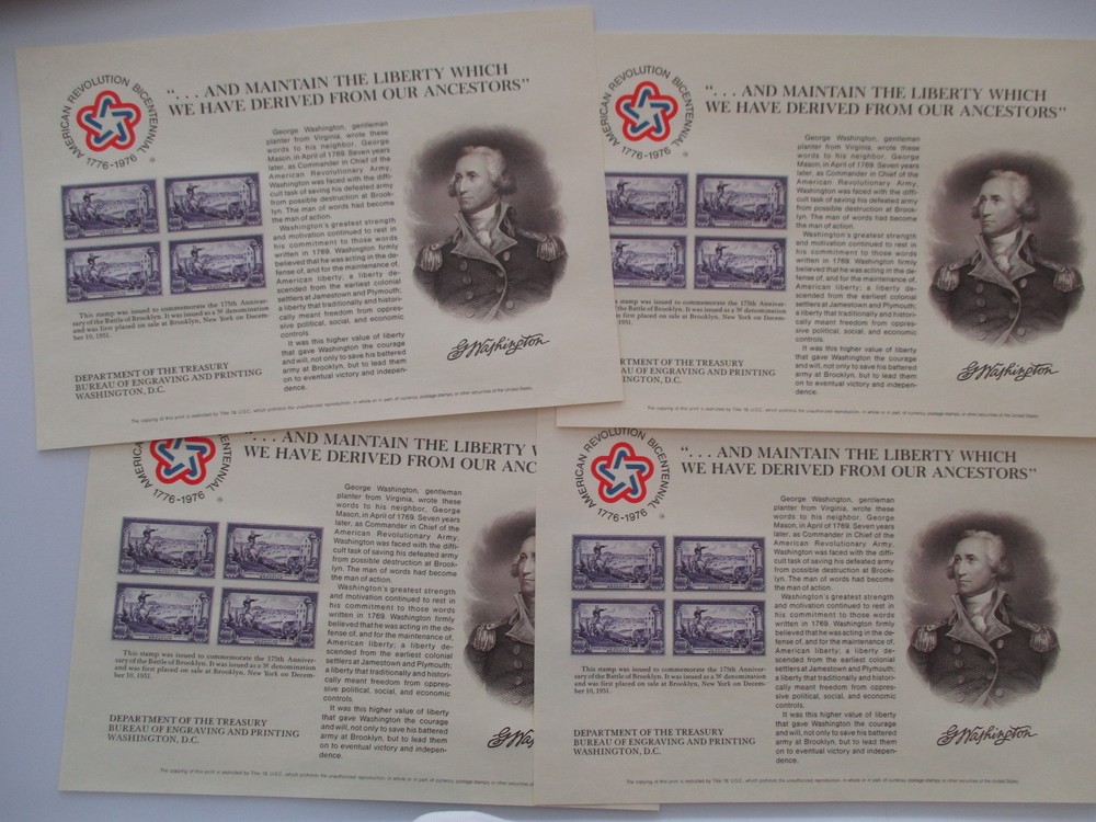 BUREAU OF ENGRAVING & PRINTING – battle of brooklyn STAMP LOT OF 4 SHEETS