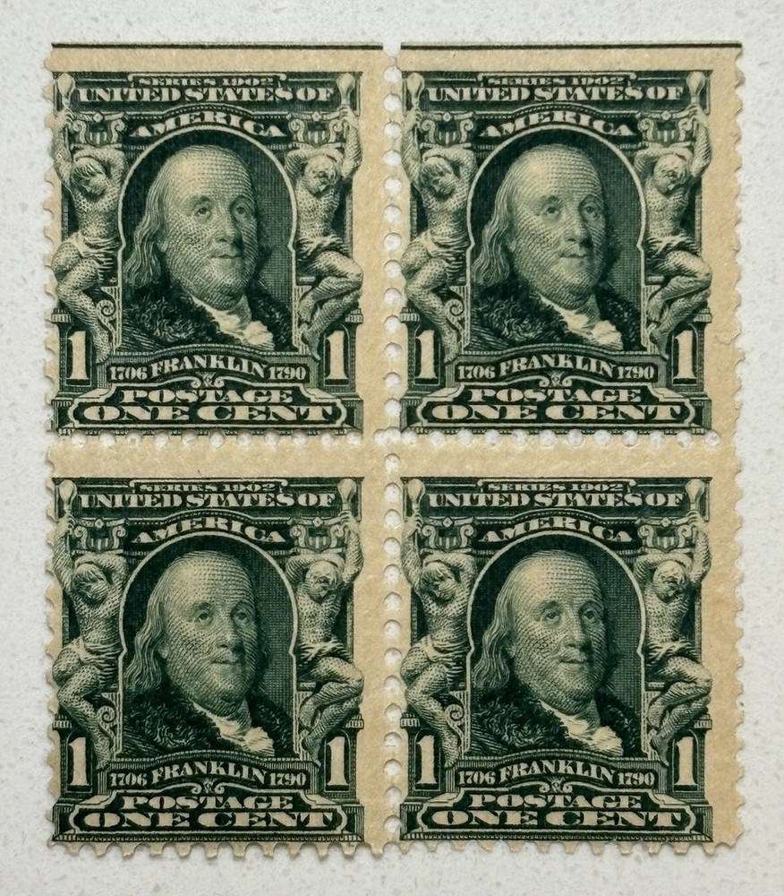 US STAMP: 1902 Franklin – 1 Cent – Green – Scott #300b – Block of 4 – Mint