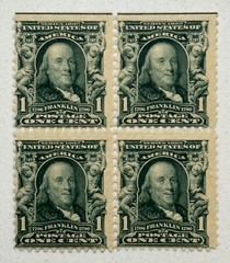 US STAMP: 1902 Franklin – 1 Cent – Green – Scott #300b – Block of 4 – Mint