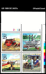 US 1989 SC 2437a 25¢ TRADITIONAL MAIL 20th UPU P# BLK OF 4 MNH OG #1 VF