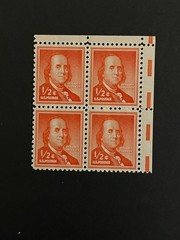 Scott #1030. 1955. 1/2 cent Benjamin Franklin block of 4. MNH. free shipping