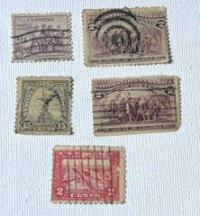 LOT of 5 US POSTAGE STAMPS – Liberty-15c, Columbus-2c, NRA-3c-Panama Canal-2c