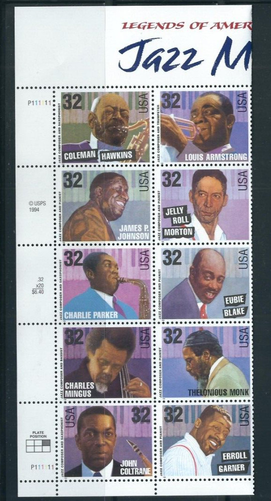US SC # 2992a Jazz Musicians / American Music Series. BLK 10, Plate #. MNH