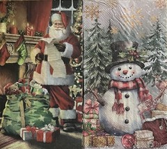 TWO Individual paper dinner Decoupage napkins Christmas, Santa, & Snowman/Trees