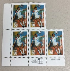 World Cup USA 94 Partial Plate Block SC#2836 (5 Stamps) New, Unused.