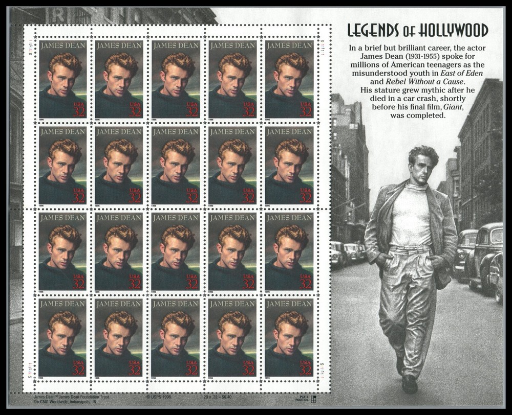 US SCOTT 3082 PANE OF 20 JAMES DEAN LEGENDS OF HOLLYWOOD 32 CENTS FACE MNH