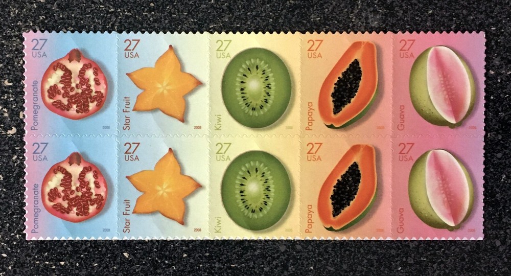 2008USA #4253-4257 27c Tropical Fruit – Block of 10 From Sheet Mint NH