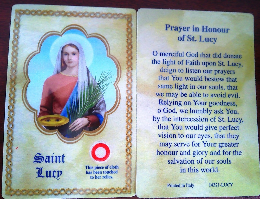 St. Lucy – Prayer To – Relic Laminated Holy Card – Pope blessed Vatican Rome