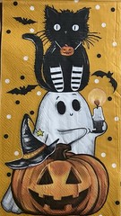 Three Individual dinner Decoupage Napkins/Halloween/Black Cat/Ghost/pumpkins