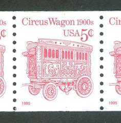 USA POSTAGE – CIRCUS WAGON 1900s – LINE OF 4 x 5 CENTS RED STAMP – 1995