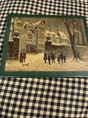Vintage Postage Stamp Fabric Book Holder + Winter Scene Tin Box Stamp Case