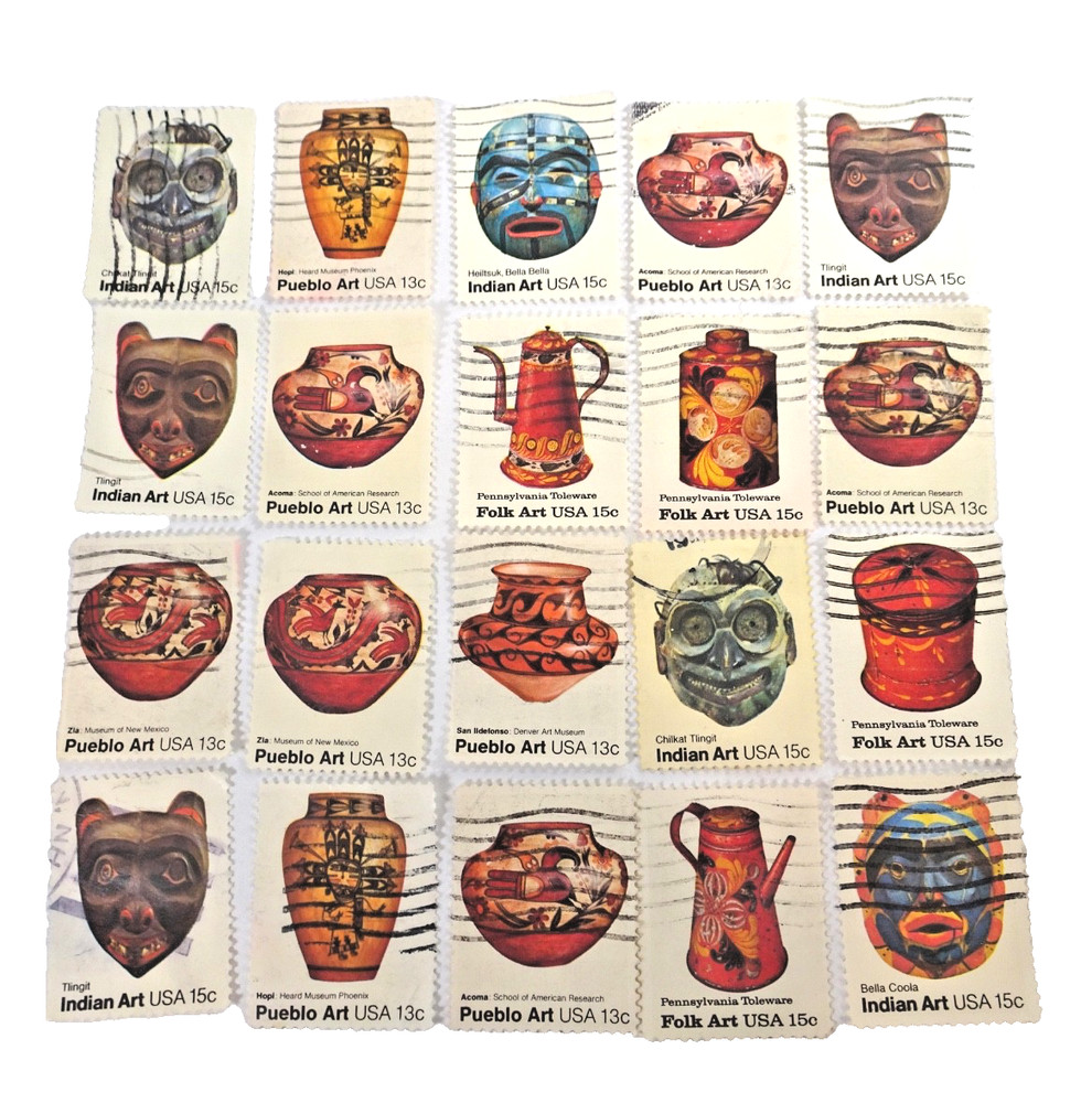20 Cancelled US Postage Stamps ART Pueblo Indian Folk Art Paper Crafts