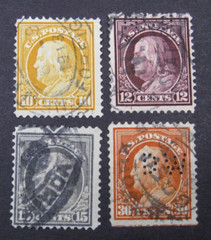 US 1912 REGULAR 10, 12, 15, 30 CENT SCOTT 416, 417, 418, 420 PERF 12 SL USED