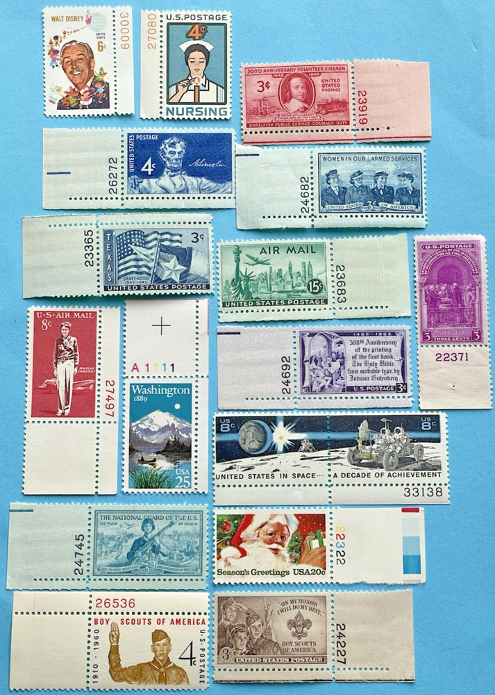STAMP LOT PLATE #s WALT DISNEY BOY SCOUTS MOON LANDING LINCOLN NURSE A. EARHART